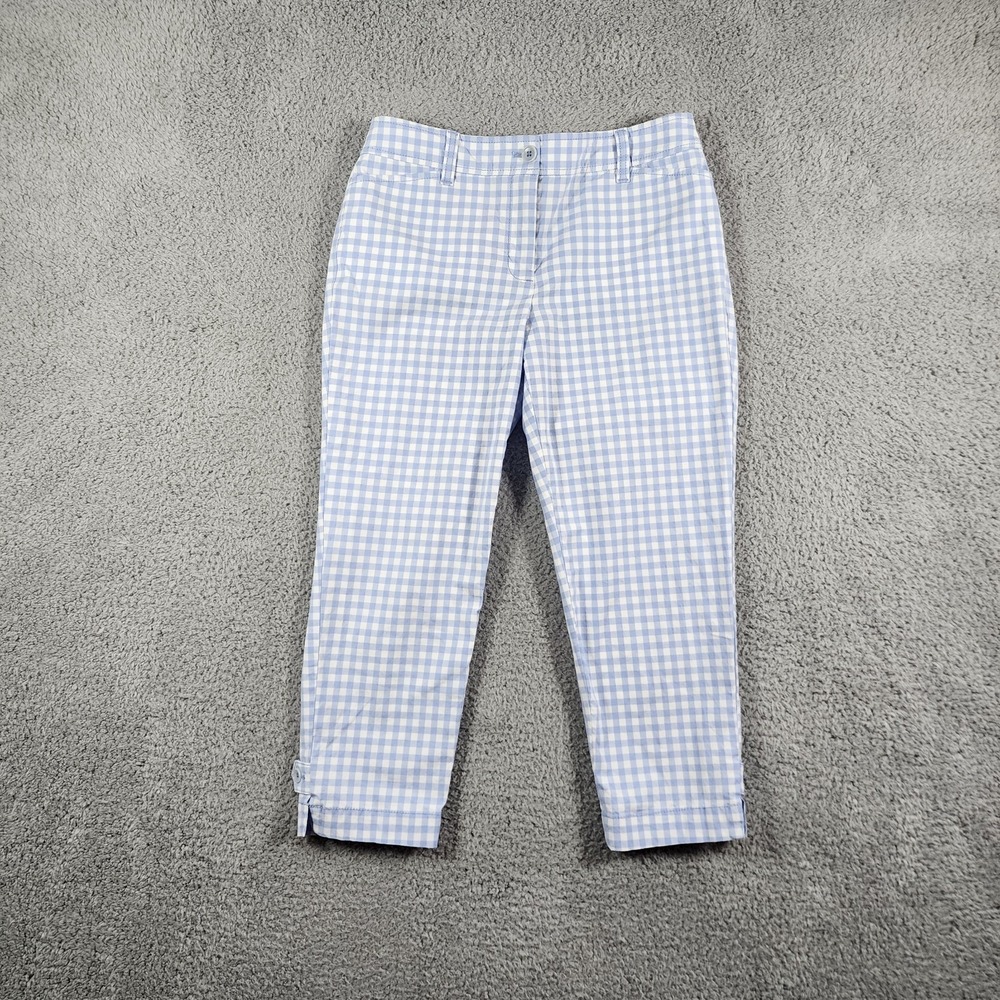 Talbots Perfect Crop Pants Womens 4P White Blue Check Cotton Stretch Mid Rise